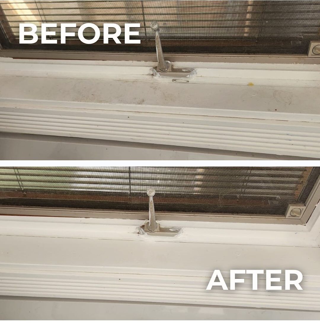 Before and after photos showing a window latch that has been cleaned and restored to a brighter, newer appearance.