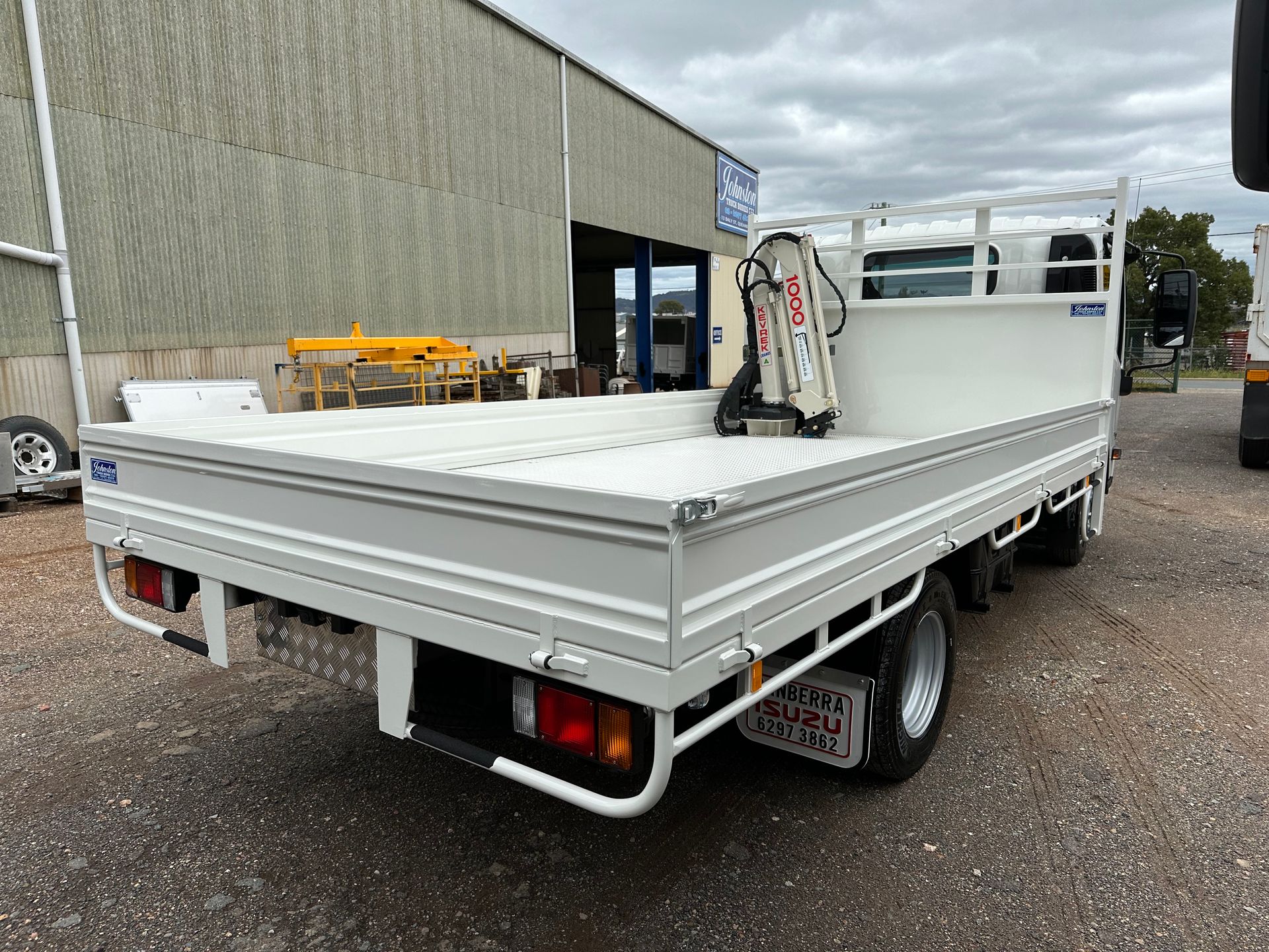 White Tray with Mini Crane — Queanbeyan, NSW — Johnston Truck Bodies Pty Ltd