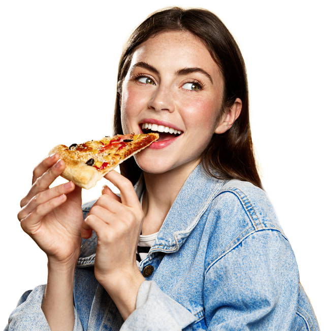 Photo of woman eats slice of pizza,