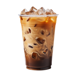 Iced caramel macchiato in a plastic cup, showing the beautiful swirls of coffee, milk, and caramel isolated.