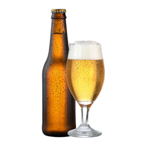 unlabeled beer bottle and glass with beer, cold drink, mockup.