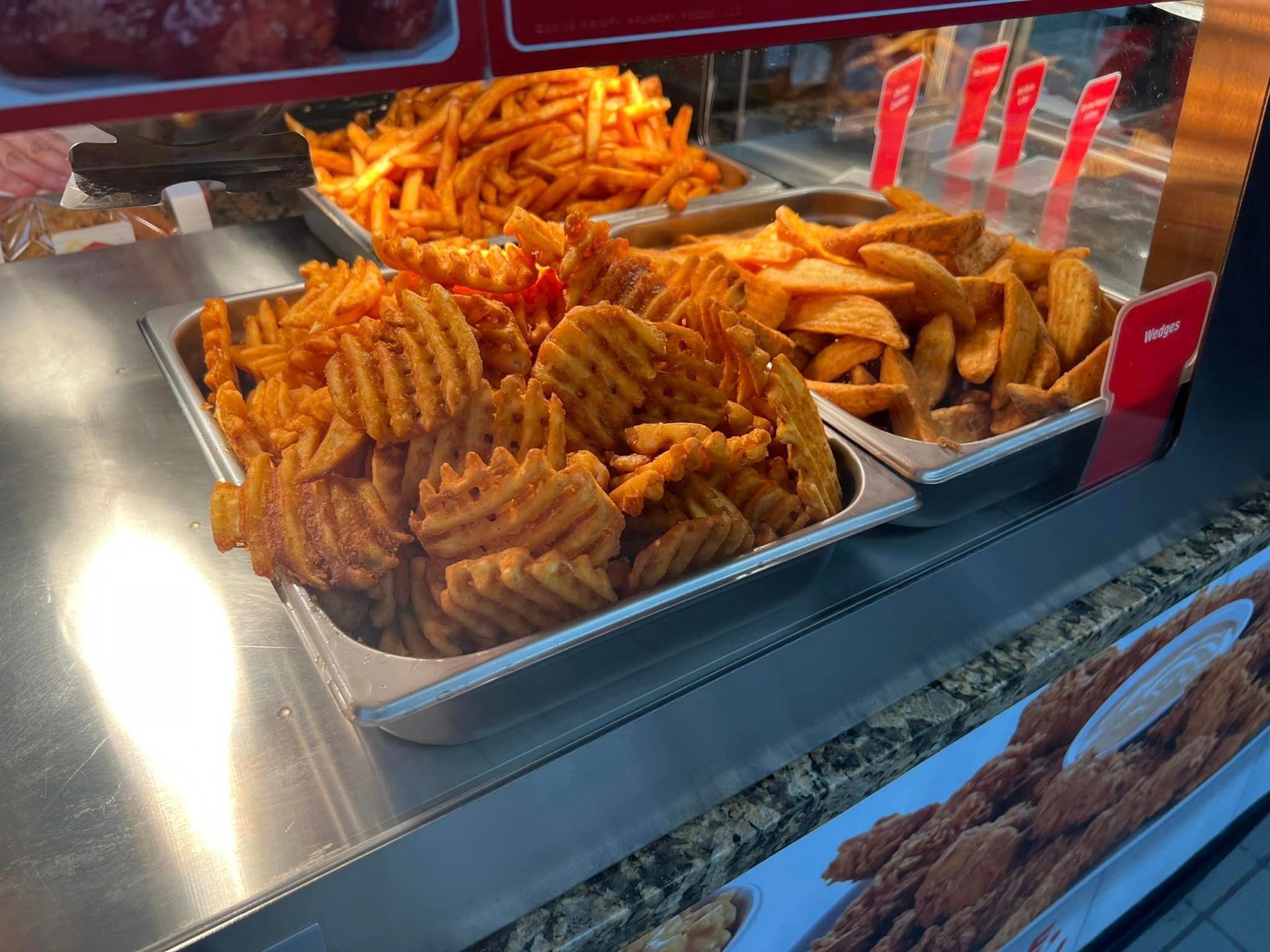 Fresh Fried Criss Cut Fries and Potato Wedges in Lara's Market Convenience Store.