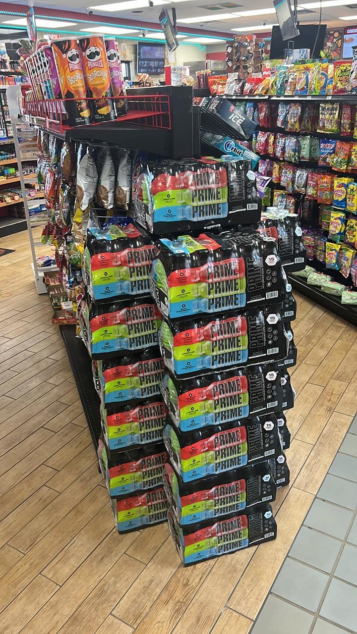 Stack of Prime Drink Beverage in Lara's Market Convenience Store.