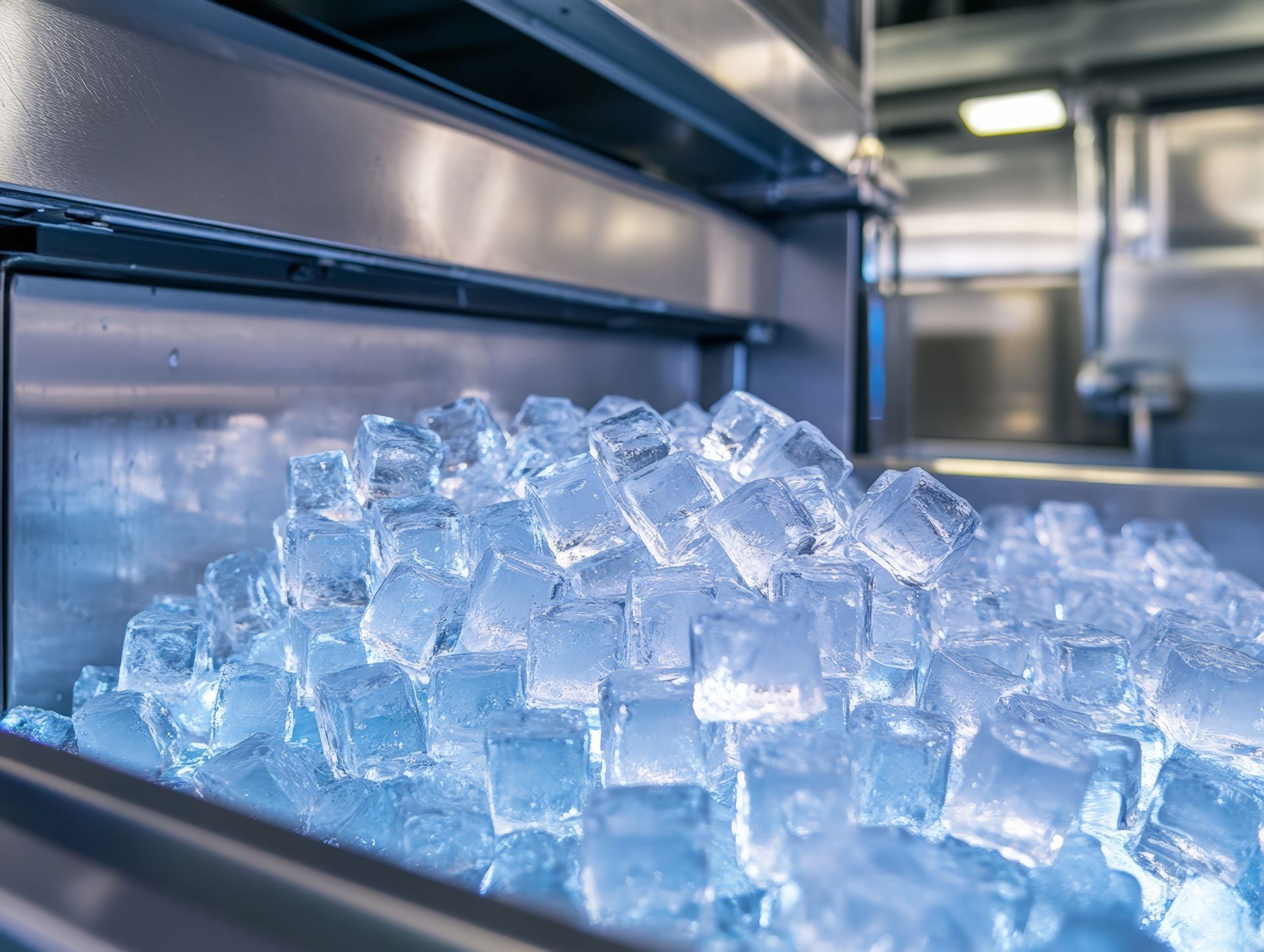 Commercial ice maker repair for a machine producing ice cubes.