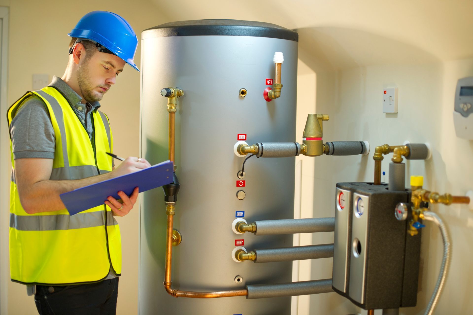 A man in safety gear inspects a large boiler, noting details on a clipboard near pipes and gauges A man in safety gear inspects a large boiler, noting details on a clipboard near pipes and gauges