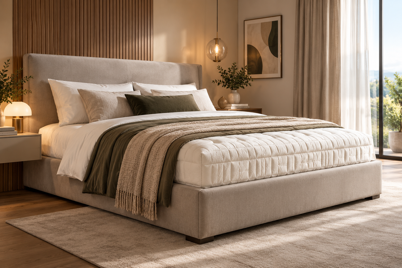 Biancheria da letto bianca, piegata con cura, e cuscini disposti su un letto in un’accogliente camera da letto beige.