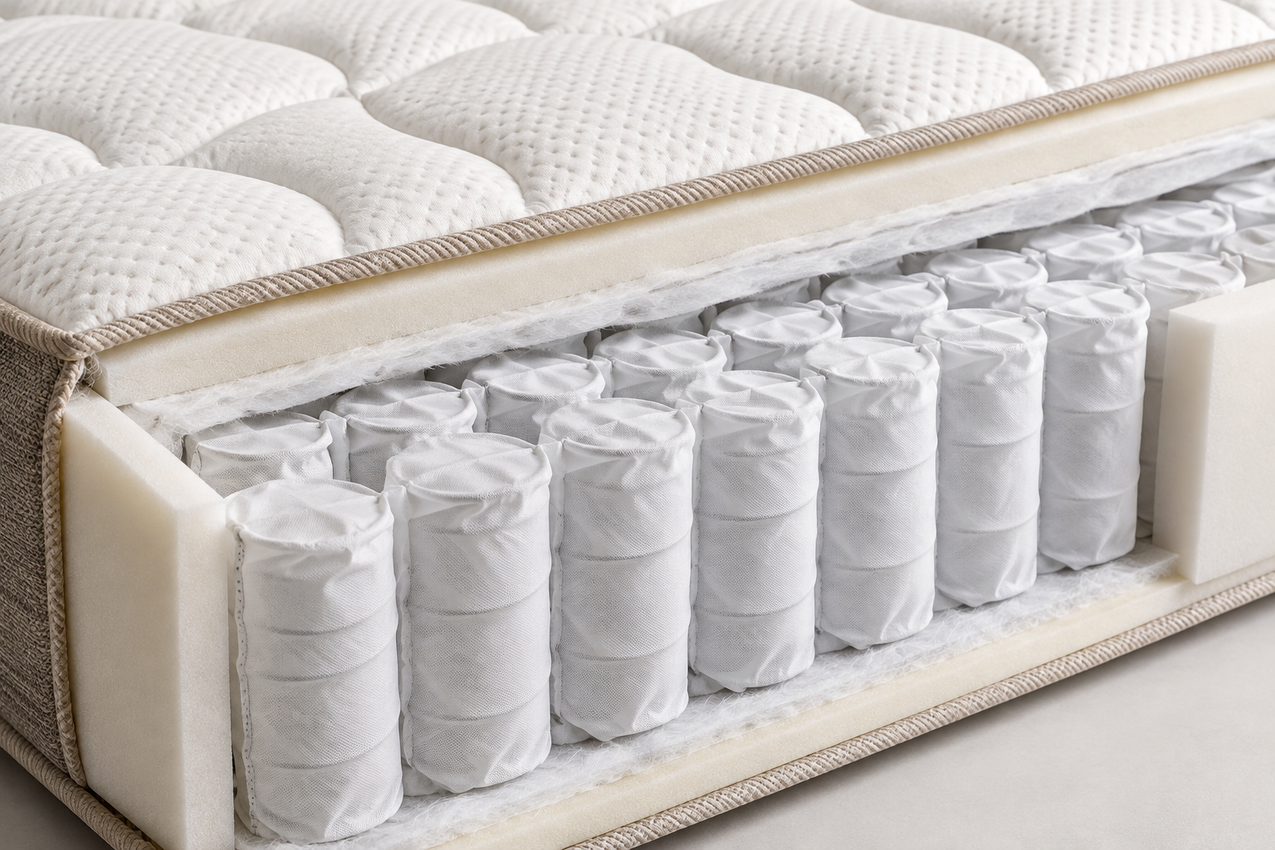 Vista in sezione di un materasso, con file di molle insacchettate bianche e imbottitura superiore trapuntata