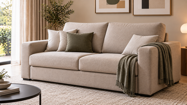 Divano beige con cuscini e un plaid drappeggiato in un soggiorno luminoso e accogliente