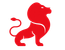 Logo stilizzato rosso di un leone su sfondo bianco, in piedi di profilo con la coda sollevata.