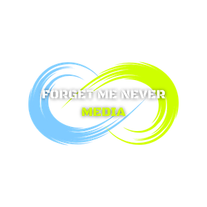 Logo for Forget Me Never Media featuring a blue and yellow infinity symbol made of brushstrokes with text in the center.