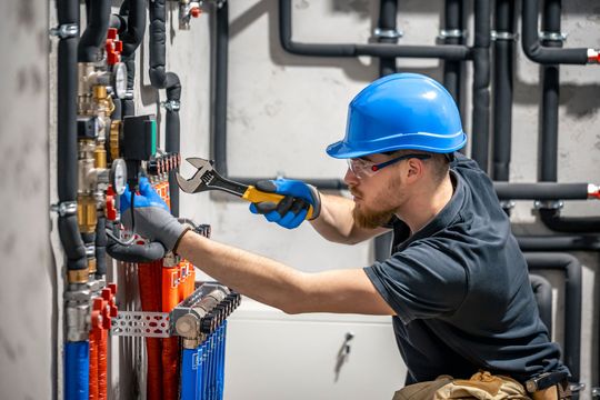 Technician in a blue hard hat adjusts red and blue pipes with a wrench in a utility room Technician in a blue hard hat adjusts red and blue pipes with a wrench in a utility room