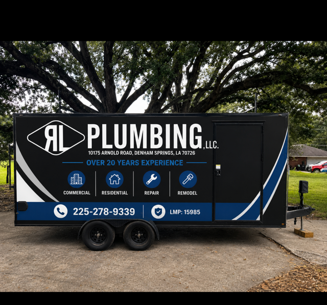 Plumber tightening pipes with a wrench on metal plumbing assembly indoors RL Plumbing LLC branded work trailer parked under trees