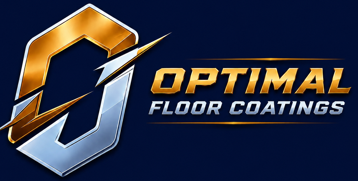 Optimal Floor Coatings logo with gold and silver shield icon on a dark blue background