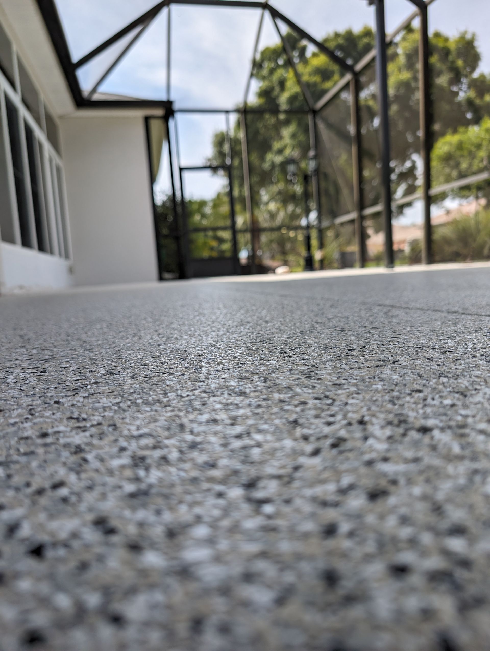 Low-angle view of a textured concrete patio beside a screened porch and trees