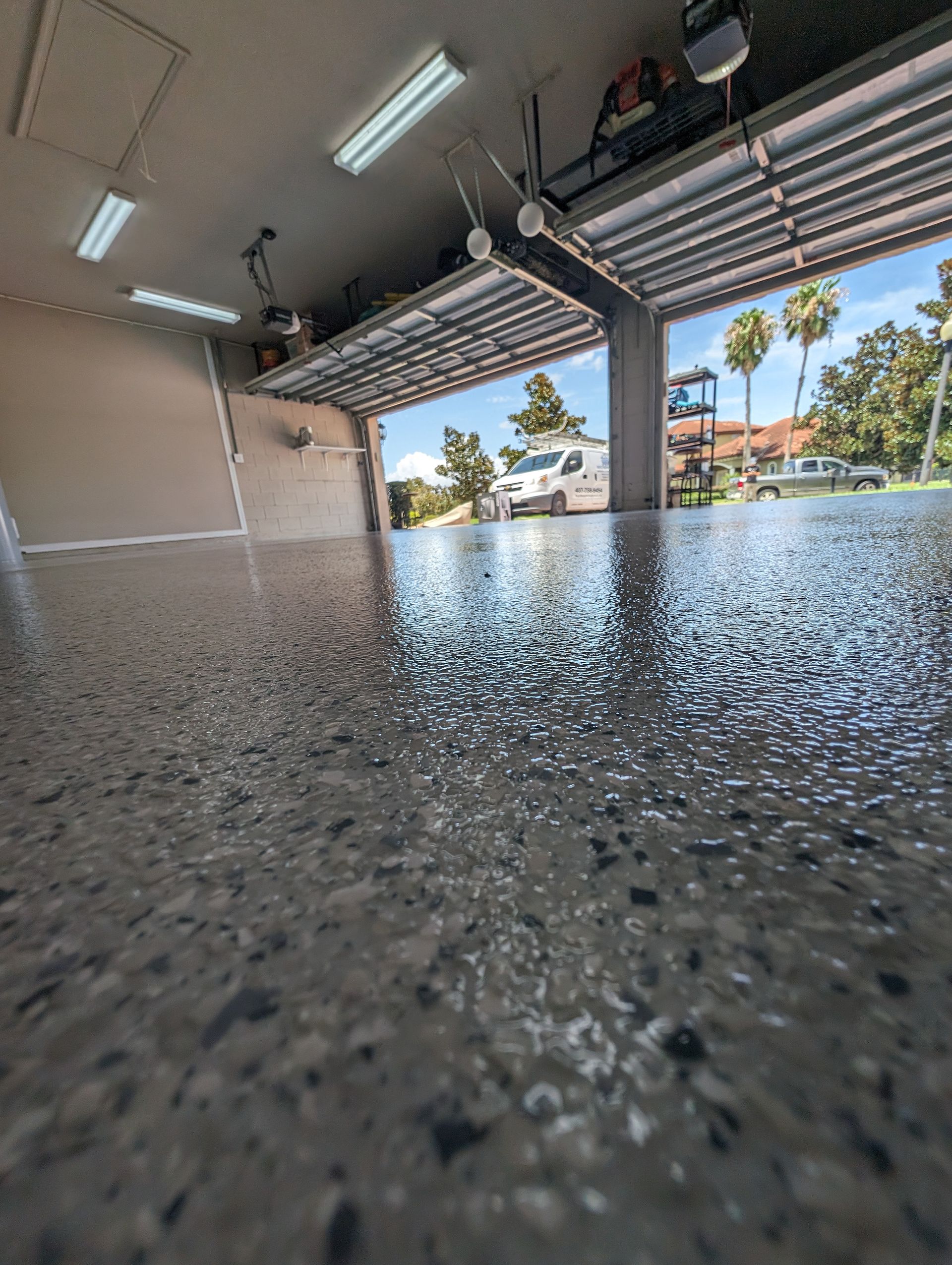 Flooded garage with water reflecting sunlight, open doors, and palm trees outside.