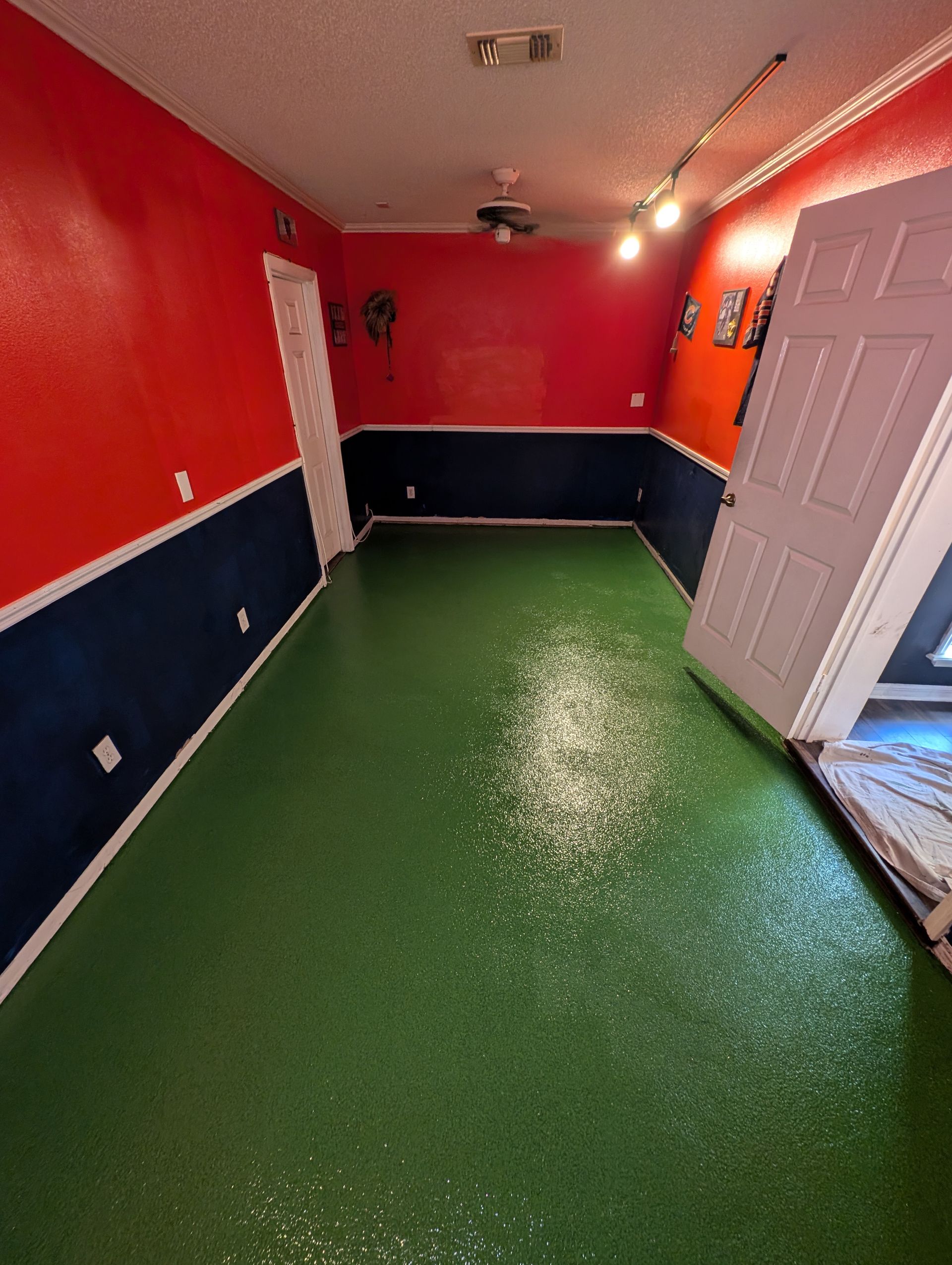 Empty room with red and navy walls, green floor, and a white door ajar.