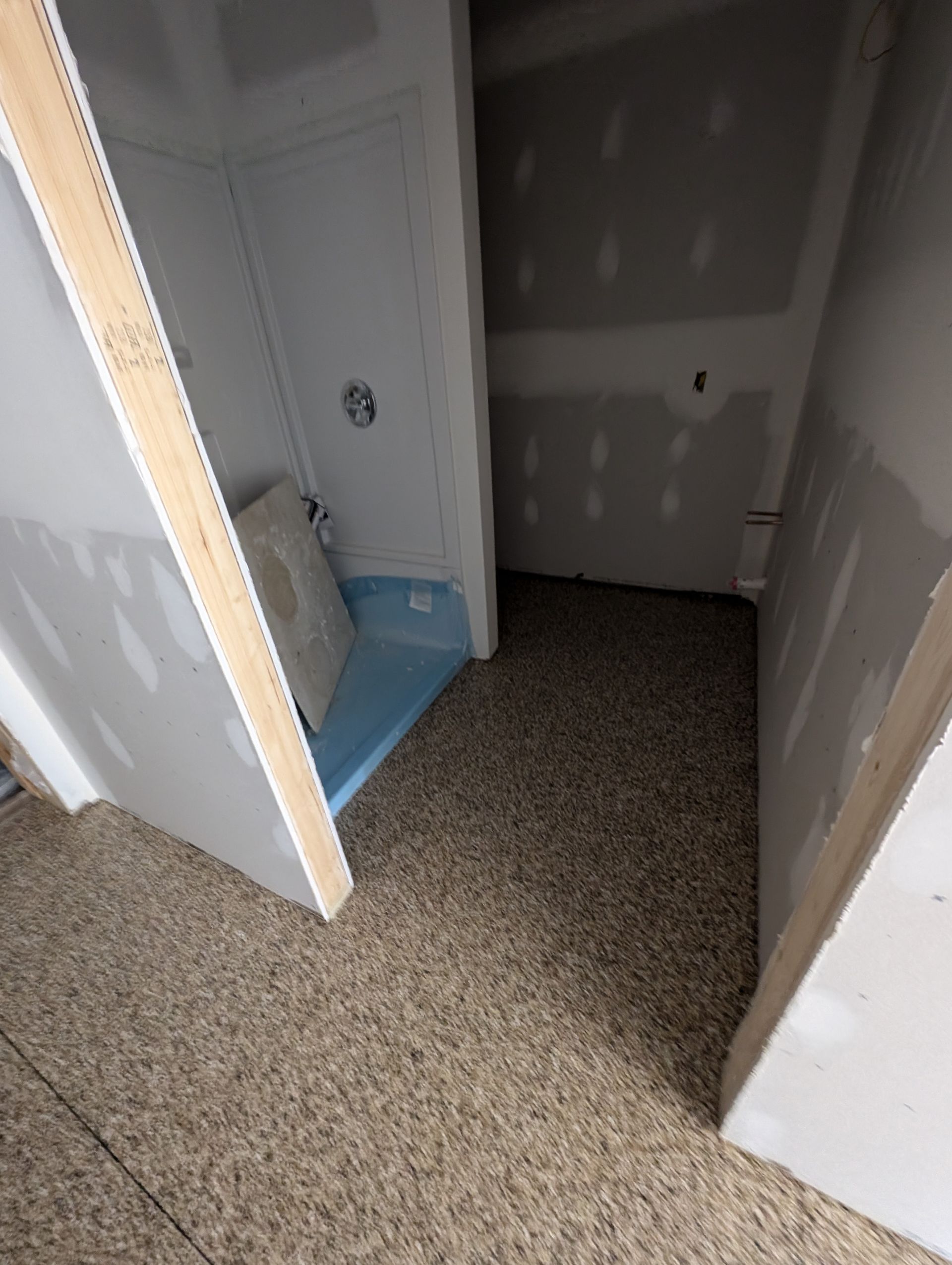 Small unfinished closet with gray drywall, beige carpet, and a white door over blue protective floor covering.
