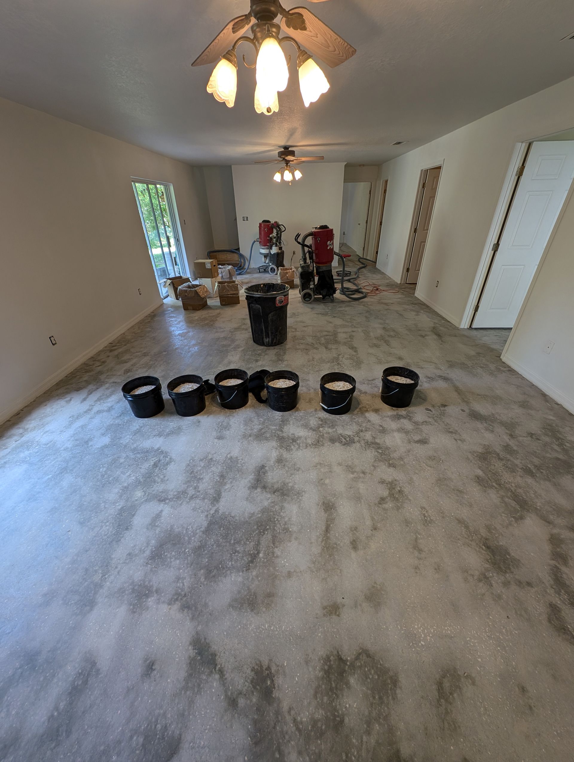 Empty living room with carpet cleaning equipment and supplies arranged on the floor