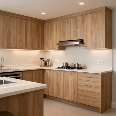Renovated kitchen with clean cabinetry lines and warm lighting