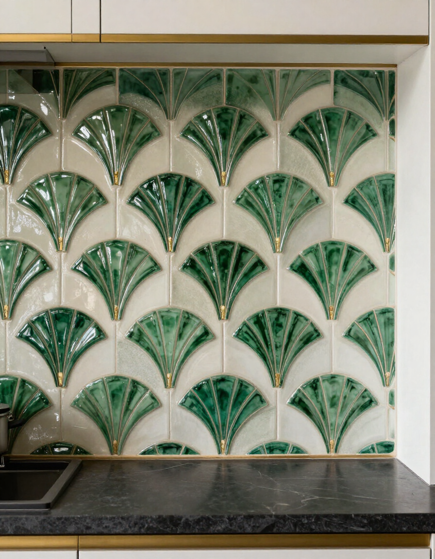 Art Deco fan-motif tile backsplash detail