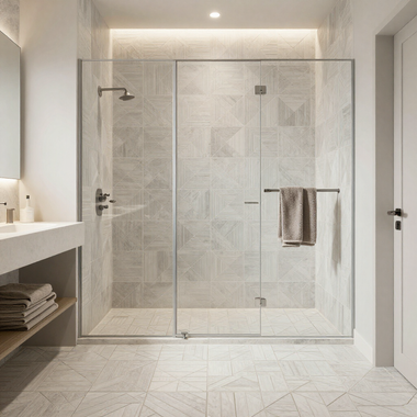 Renovated bathroom with geometric tile patterns