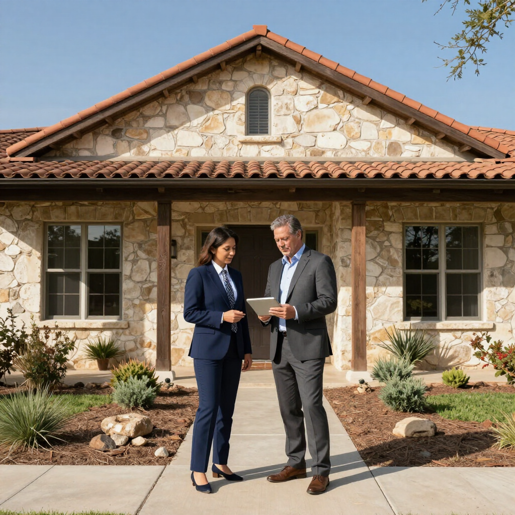Property manager meeting with a homeowner outside a rental property in Kerrville, Texas.