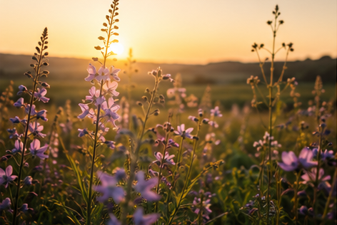 Fiori selvatici dai petali viola in un campo al tramonto, con una calda luce dorata e colline in lontananza.