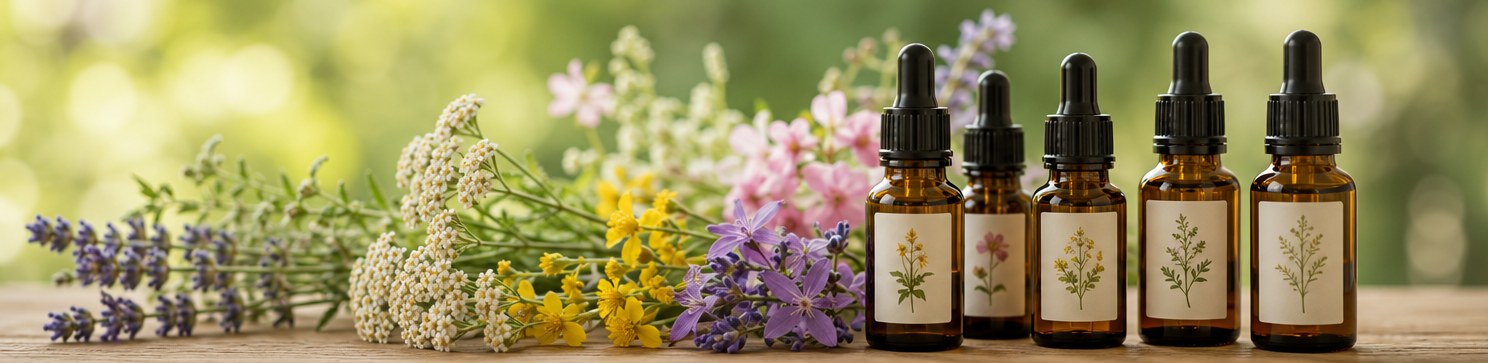 Assortimento di fiori di lavanda e boccette di olio essenziale color ambra su sfondo bianco.