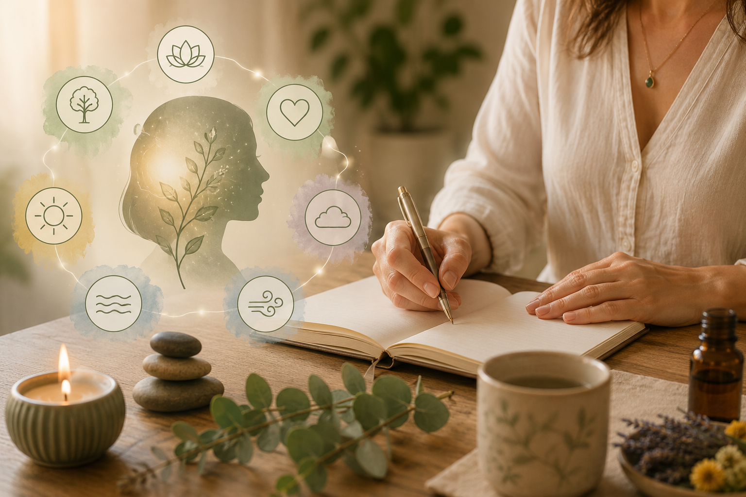 Illustrazione di una persona che scrive un diario davanti a un altare di meditazione