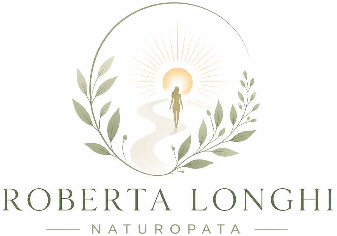 Logo per Roberta Longhi Naturopata con un sole dorato, una figura umana e una ghirlanda di foglie verde salvia.