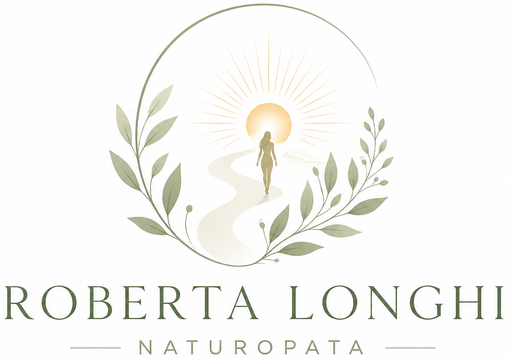 Logo per Roberta Longhi Naturopata con un sole dorato, una figura umana e una ghirlanda di foglie verde salvia.