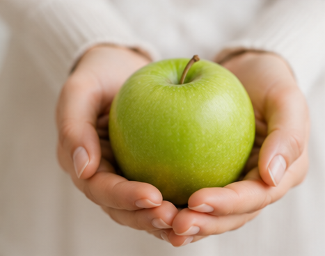 Mani che tengono delicatamente una mela verde