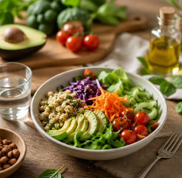 Una ciotola di insalata fresca con avocado, carote, cetrioli, pomodori e verdure a foglia verde su un tavolo.