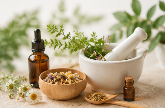Natura morta con tema spa alle erbe, composta da mortaio e pestello, fiori secchi, bottiglie d'ambra e verde.