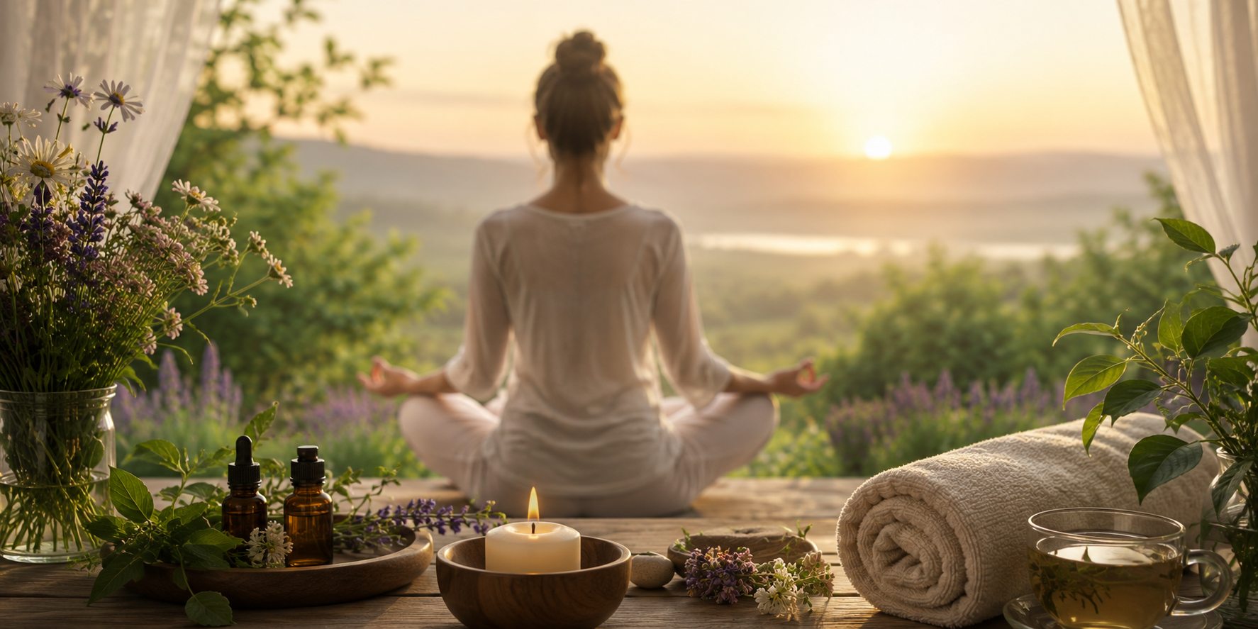 Persona in meditazione su un tappetino all'alba, circondata da candele, piante e un asciugamano arrotolato su una terrazza.