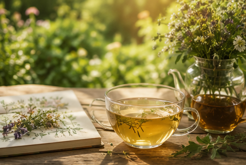 Bicchieri da tè su un tavolo rustico accanto a fiori selvatici e un libro aperto nella calda luce del sole.