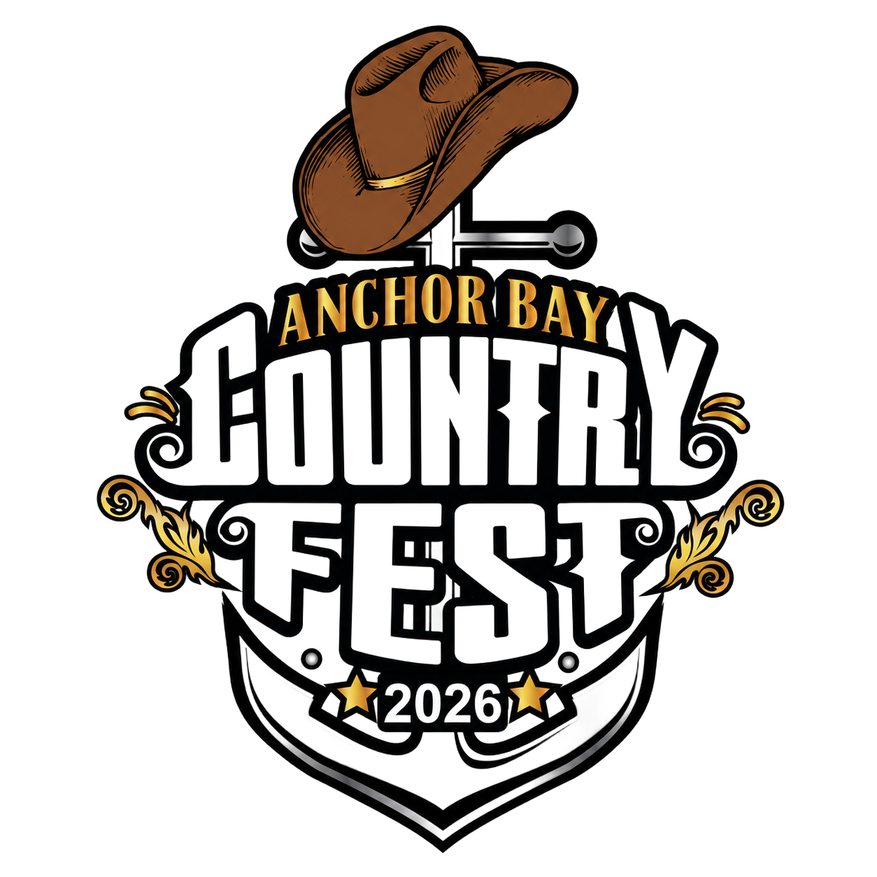 Anchor Bay Country Fest 2026 logo with brown cowboy hat and black-and-white shield emblem.
