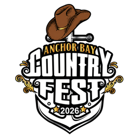 Anchor Bay Country Fest 2026 logo with brown cowboy hat and black-and-white shield emblem.