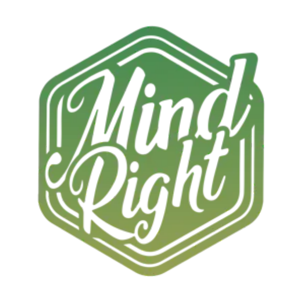 Green hexagonal Mind Right logo with white script text and border lines.