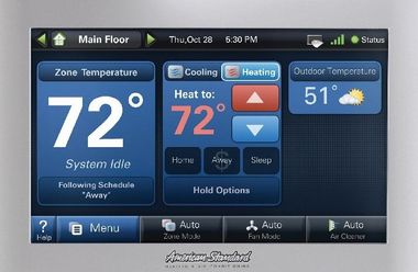 American Standard thermostat showing the Main Floor zone set to 72 degrees in heating mode with a 51-degree outdoor temp.
