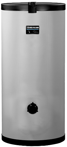 A silver cylindrical water heater with a black top, base, and central dial against a plain background.