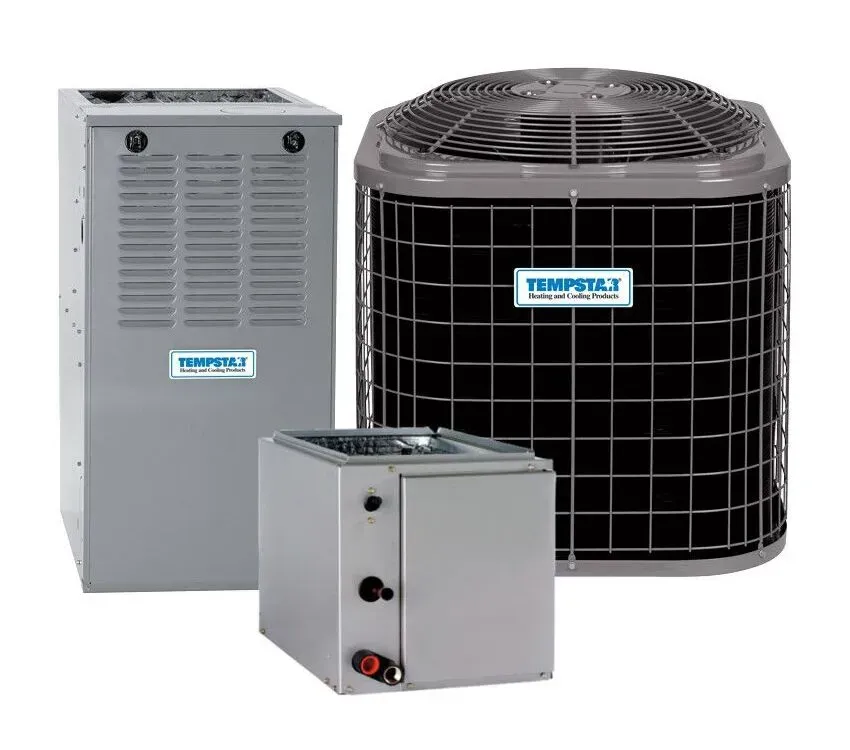 A grey Tempstar furnace, air conditioner unit, and evaporator coil set on a white background.