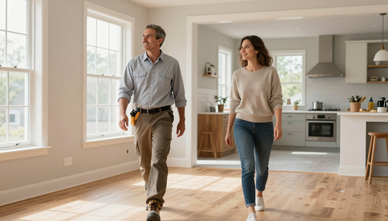Contractor walking a homeowner through a finished project