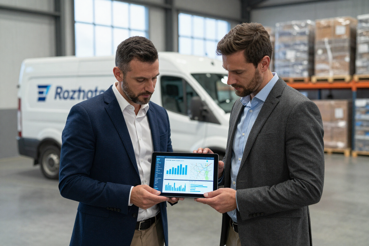 Two men in business attire reviewing a tablet in a warehouse with pallets and a white van behind them.