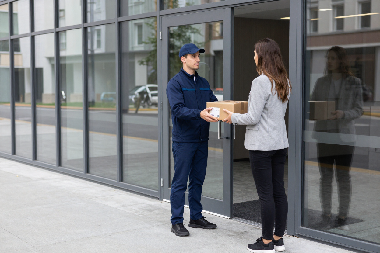 Two people exchanging a package outside a glass-front building.