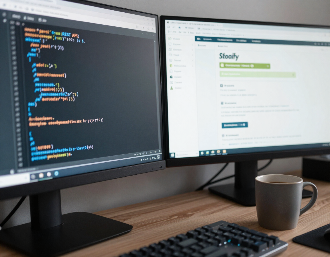 Dual monitors showing code and a website on a desk with keyboard and coffee mug