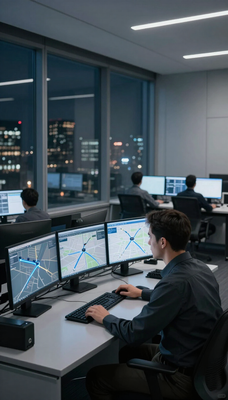 Control room with operators monitoring city traffic on multiple screens at night.