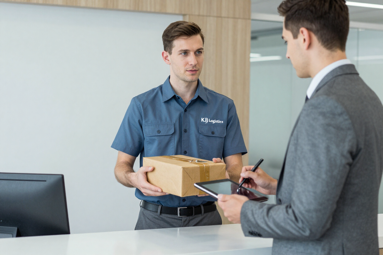 Delivery worker handing a package to a customer at a counter, with a tablet in hand