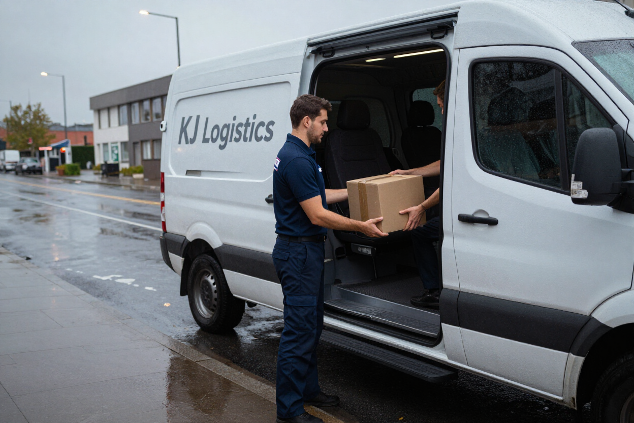 Delivery driver loading boxes into a white KJ Logistics van on a wet street.