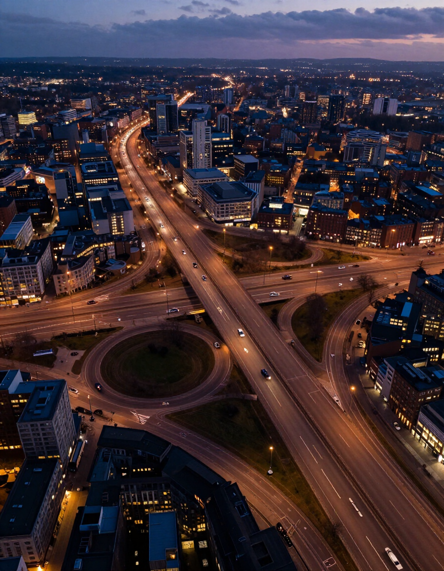Aerial view of a city highway interchange at dusk with glowing traffic and lit buildings.